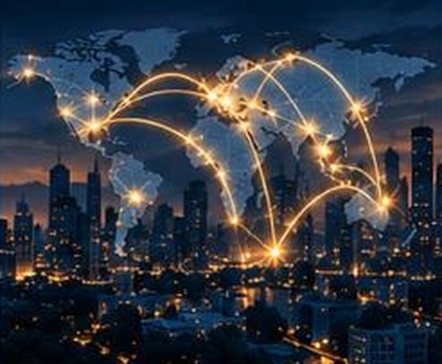 Connections of light arcing across a world map above a city
