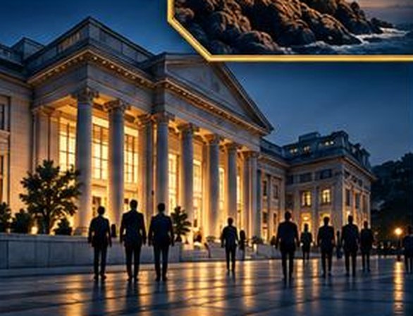 People walking towards a lit institutional building at dusk