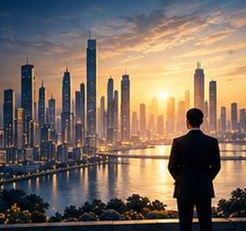 A figure looking out over a city skyline at sunrise